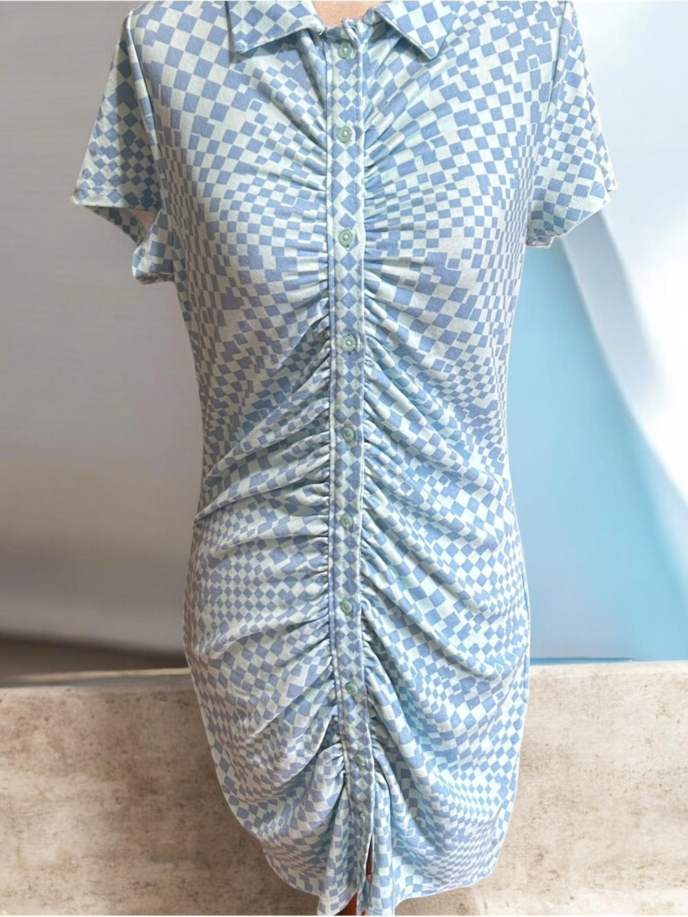 SO Light Blue & White Checker Ruched Button-Down Mini Dress Medium